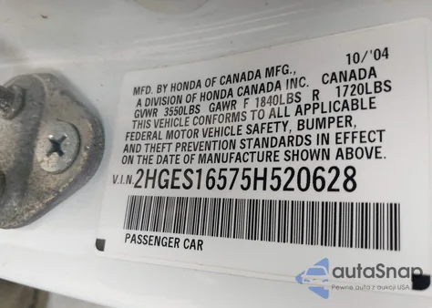 2005 Honda Civic Lx z USA, uszkodzony, nr VIN 2HGES16575H520628